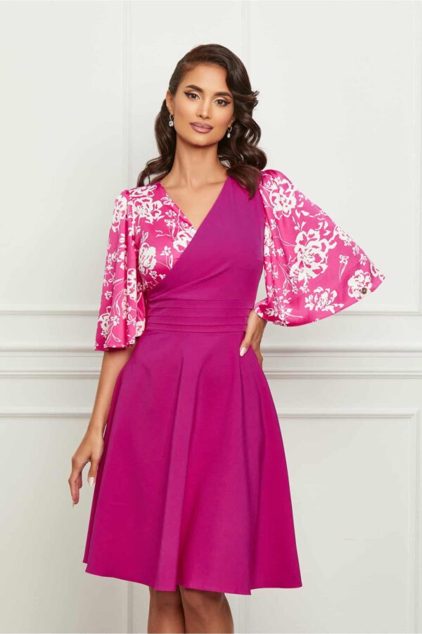 Rochie Dy Fashion fucsia cu imprimeu floral pe bust si maneci