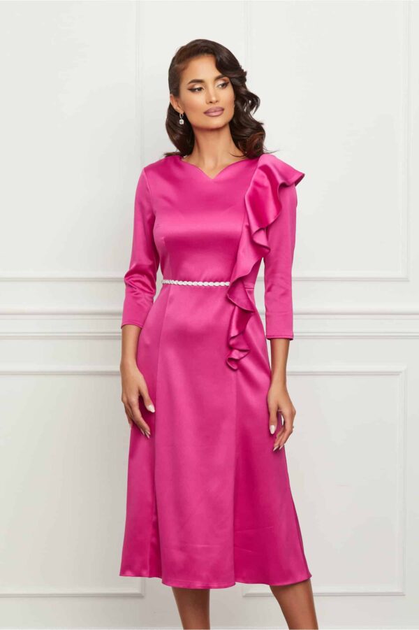 Rochie Dy Fashion fucsia cu volan la bust si accesoriu in talie