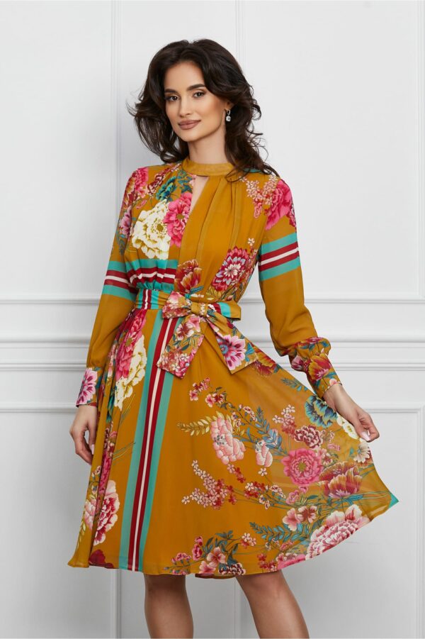 Rochie Dy Fashion galben mustar cu imprimeu fucsia si cordon in talie