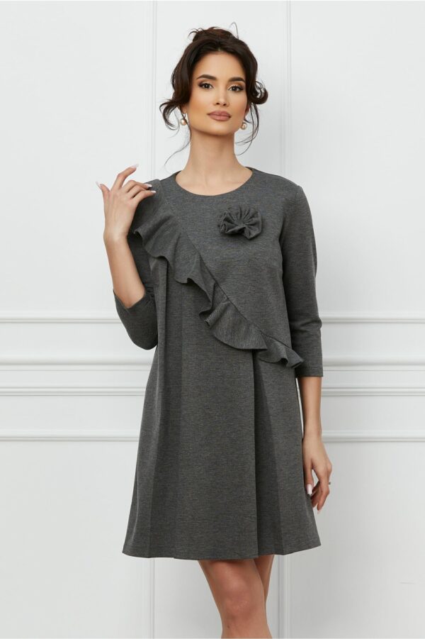 Rochie Dy Fashion gri cu volan si floare 3D