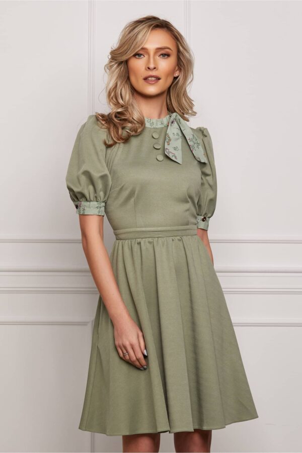Rochie Dy Fashion kaki cu mansete si guler cu imprimeu