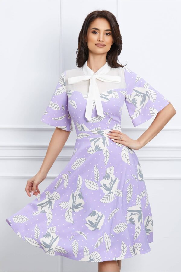 Rochie Dy Fashion lila cu imprimeu si bust din voal