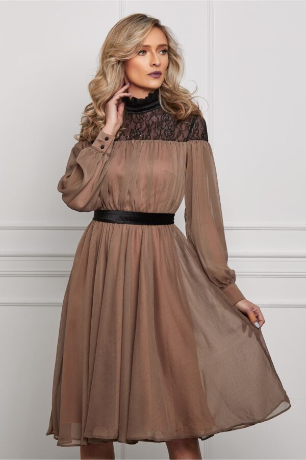 Rochie Dy Fashion maro din voal cu cordon catifelat in talie