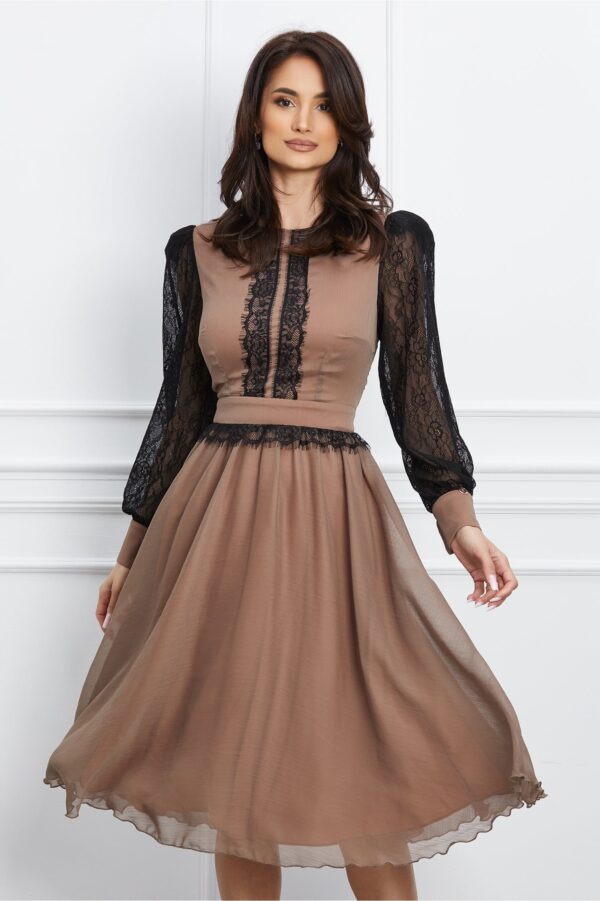 Rochie Dy Fashion maro din voal cu dantela la bust si maneci