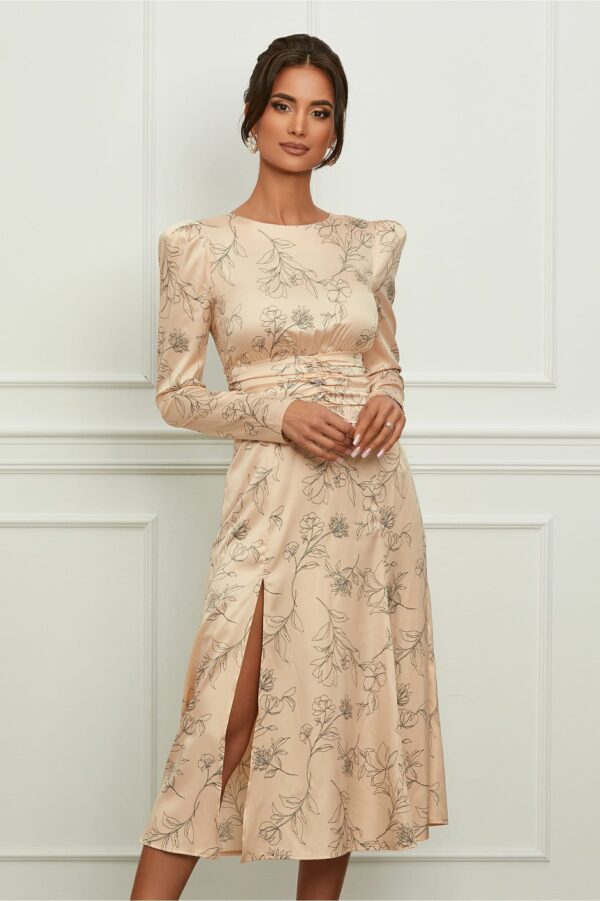 Rochie Dy Fashion midi bej cu imprimeuri