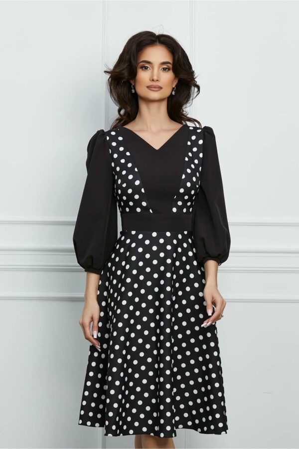 Rochie Dy Fashion neagra cu buline albe tip sarafan