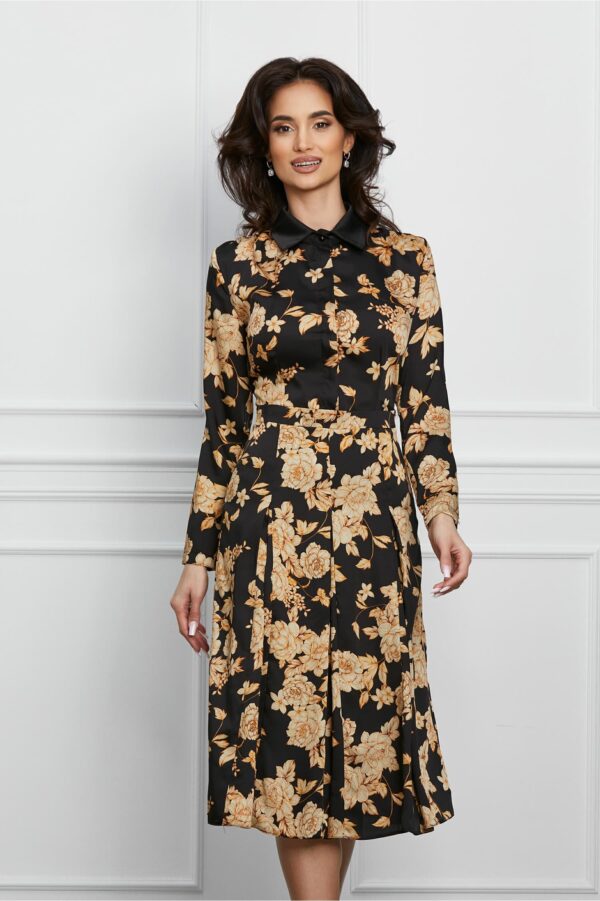 Rochie Dy Fashion neagra cu flori bej si nasturi la bust