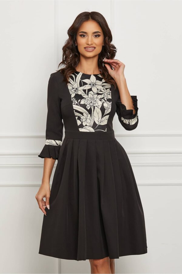 Rochie Dy Fashion neagra cu imprimeu pe bust si pliuri pe fusta
