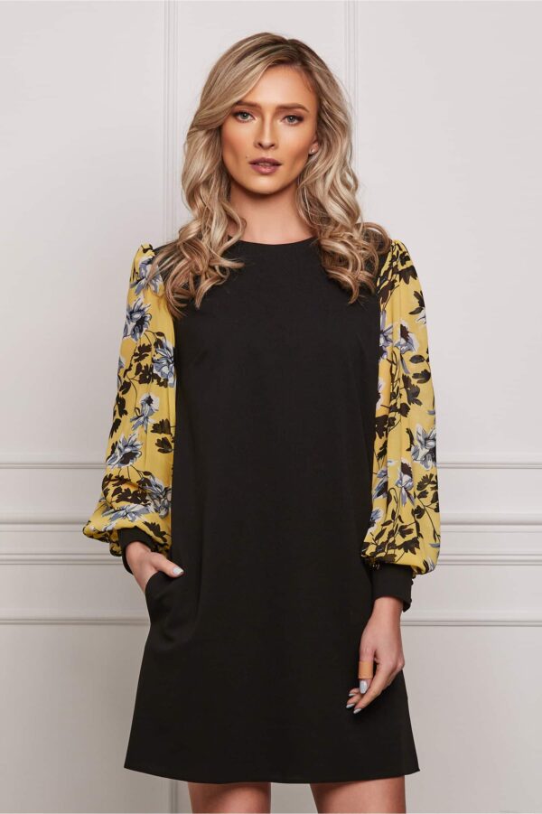 Rochie Dy Fashion neagra cu imprimeu pe maneci