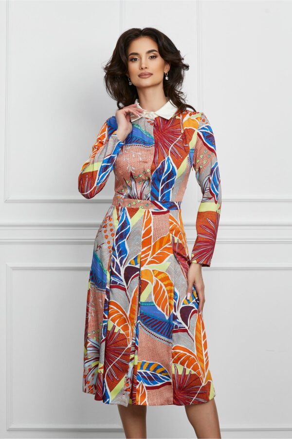 Rochie Dy Fashion orange cu imprimeu albastru si nasturi la bust