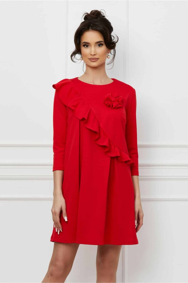 Rochie Dy Fashion rosie cu volan si floare 3D