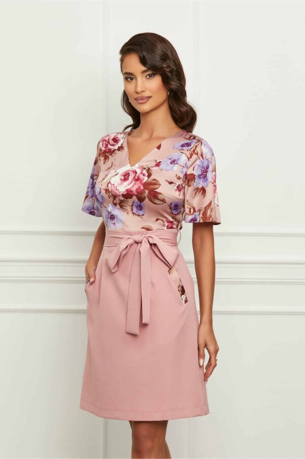 Rochie Dy Fashion roz cu imprimeu floral la bust si cordon in talie
