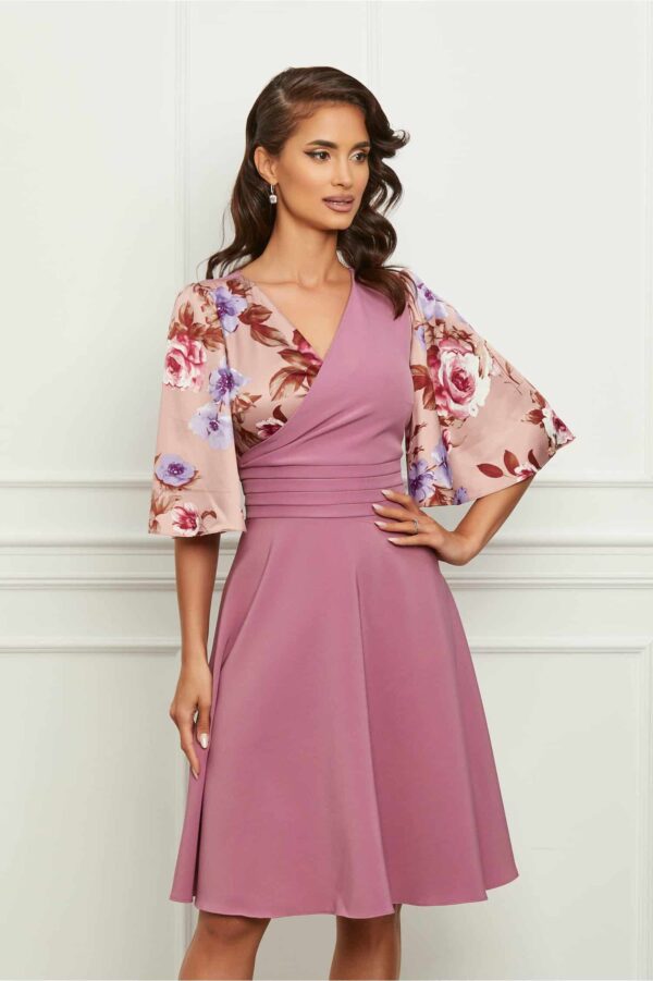 Rochie Dy Fashion roz cu imprimeu floral pe bust si maneci