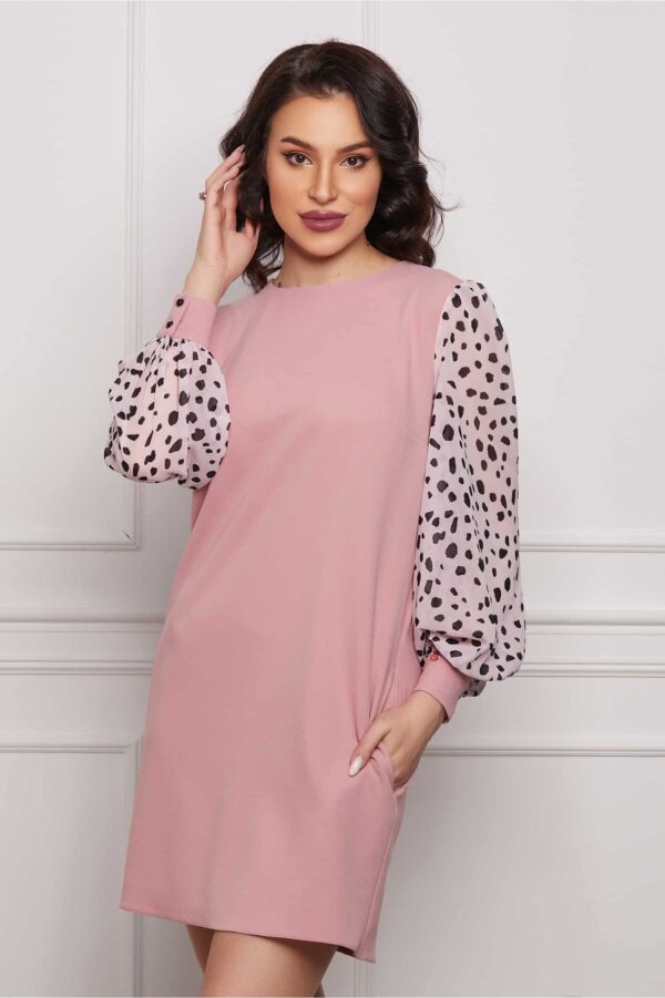 Rochie Dy Fashion roz cu imprimeu pe maneci