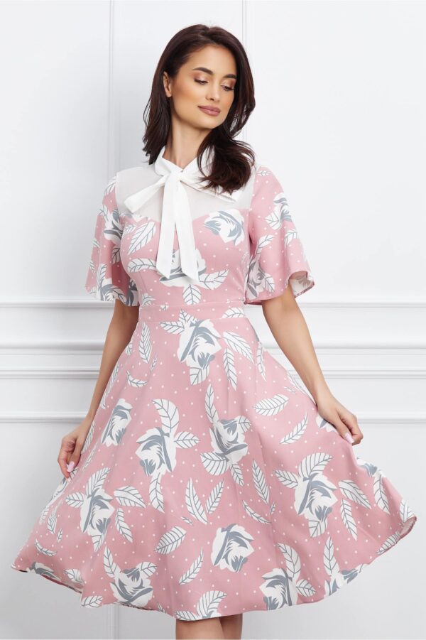 Rochie Dy Fashion roz cu imprimeu si bust din voal