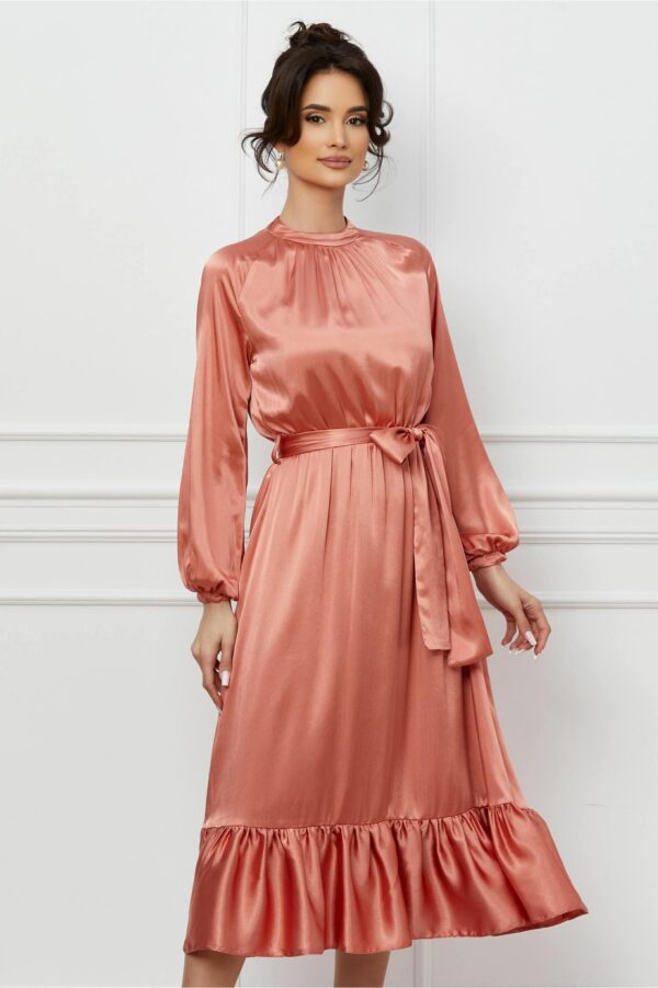 Rochie Dy fashion roz somon din satin cu volan la baza si cordon in talie