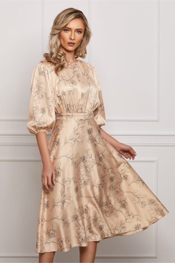 Rochie Dy Fashion satinata bej cu imprimeuri florale negre