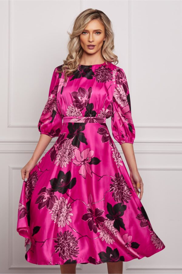 Rochie Dy Fashion satinata fucsia cu imprimeuri florale negre