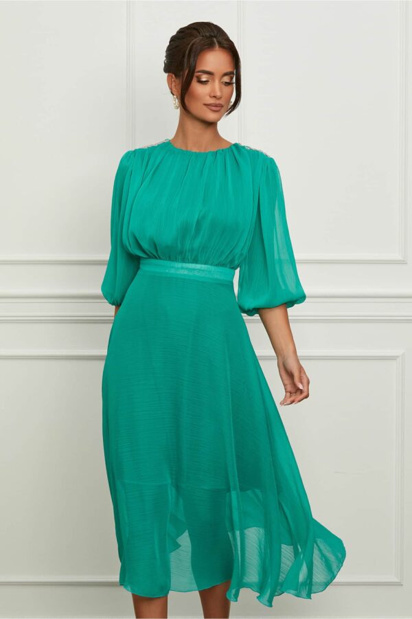 Rochie Dy Fashion turcoaz cu accesorii stralucitoare pe umeri