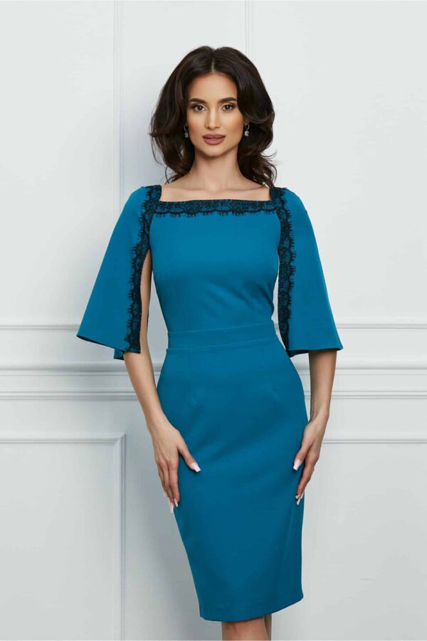 Rochie Dy Fashion turcoaz cu dantela la decolteu si maneci