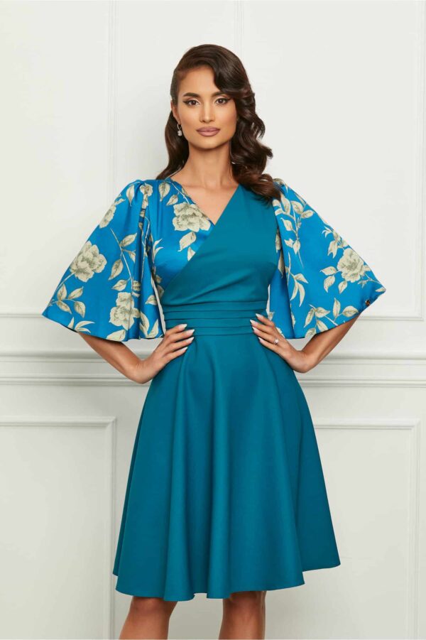 Rochie Dy Fashion turcoaz cu imprimeu floral pe bust si maneci