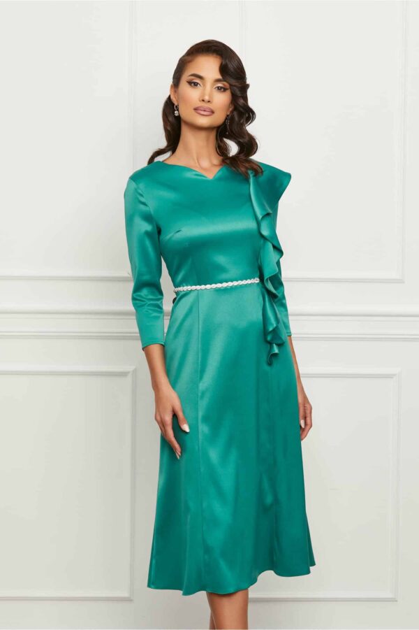 Rochie Dy Fashion turcoaz cu volan la bust si accesoriu in talie