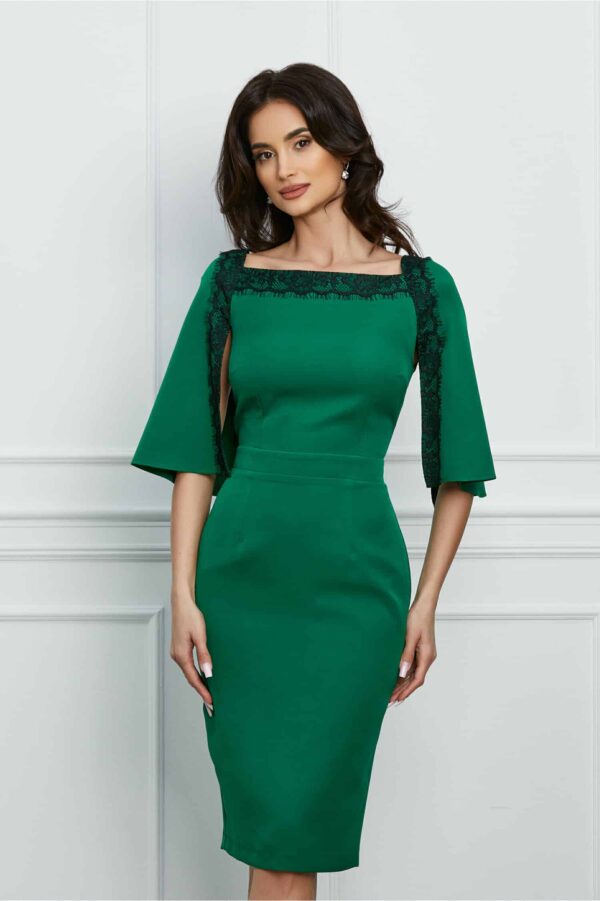 Rochie Dy Fashion verde cu dantela la decolteu si maneci