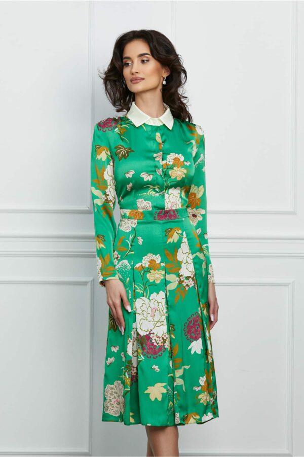 Rochie Dy Fashion verde cu imprimeu floral si nasturi la bust