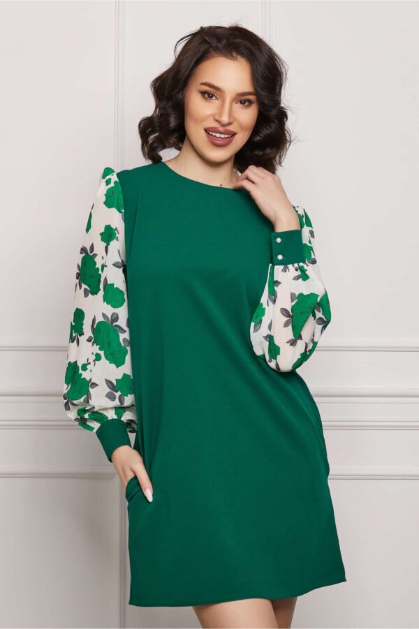 Rochie Dy Fashion verde cu imprimeu pe maneci