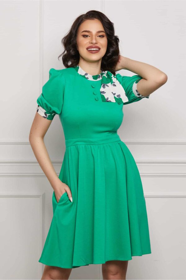 Rochie Dy Fashion verde cu mansete si guler cu imprimeu
