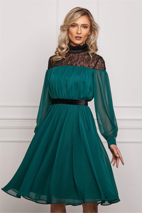 Rochie Dy Fashion verde petrol din voal cu cordon catifelat in talie