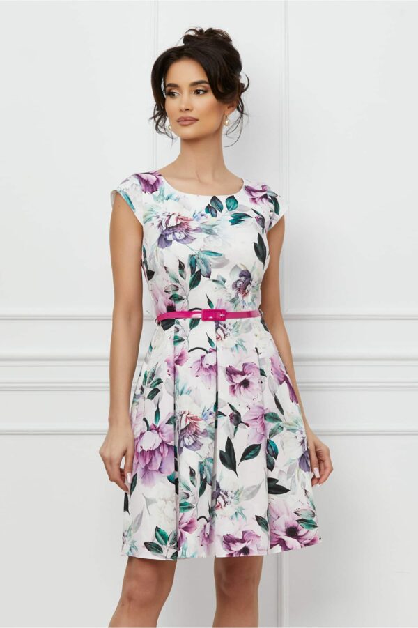 Rochie Ella alba cu imprimeu lila si curea in talie
