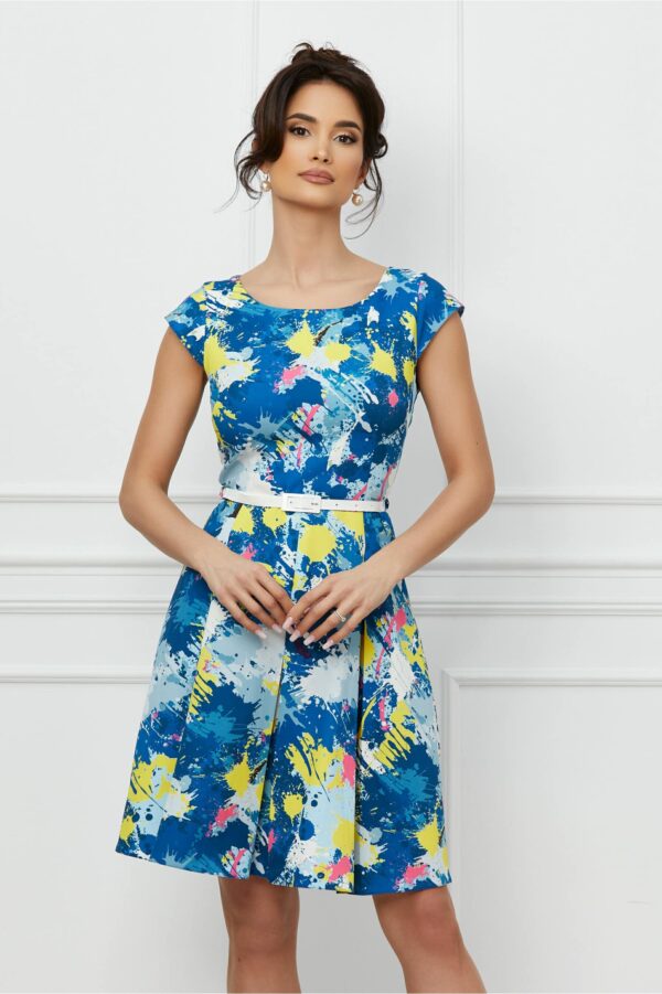Rochie Ella albastra cu imprimeu paint si curea in talie