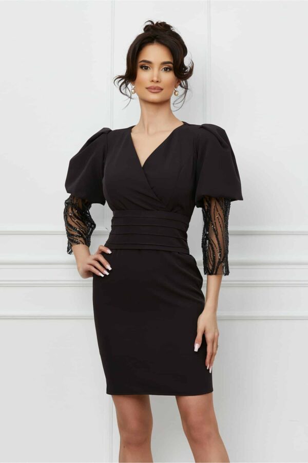 Rochie Ella Collection Adonia neagra cu paiete la maneci si centura in talie