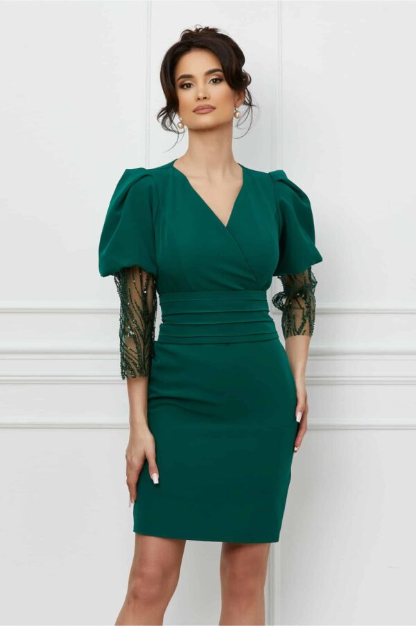 Rochie Ella Collection Adonia verde cu paiete la maneci si centura in talie