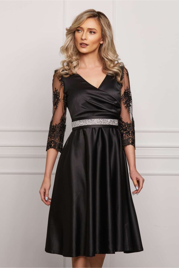 Rochie Ella Collection Adria neagra cu maneci din dantela si cordon in talie