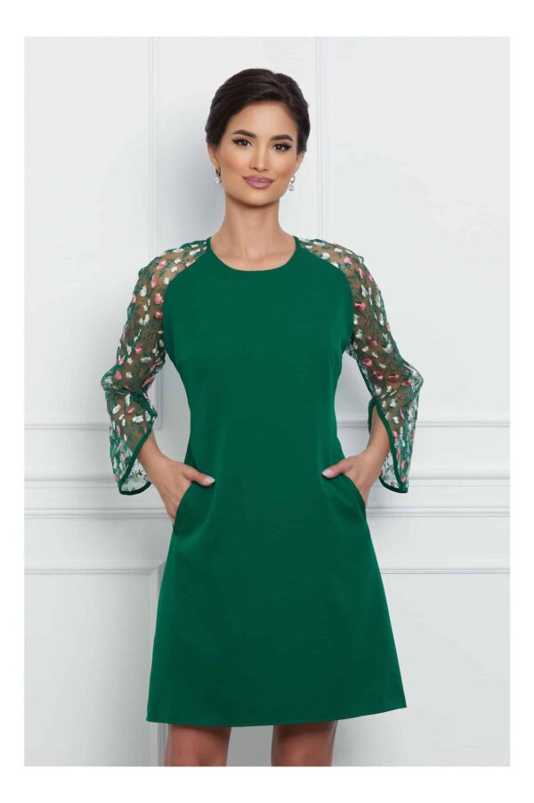 Rochie Ella Collection Andrea verde cu flori roz pe maneci si buzunare functionale