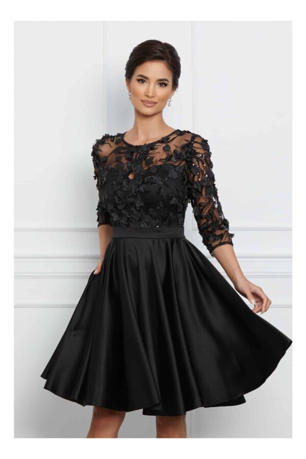Rochie Ella Collection Cindy neagra din tafta cu broderie la bust