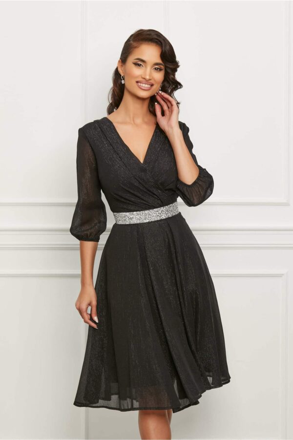 Rochie Ella Collection Julia neagra cu cordon stralucitor in talie