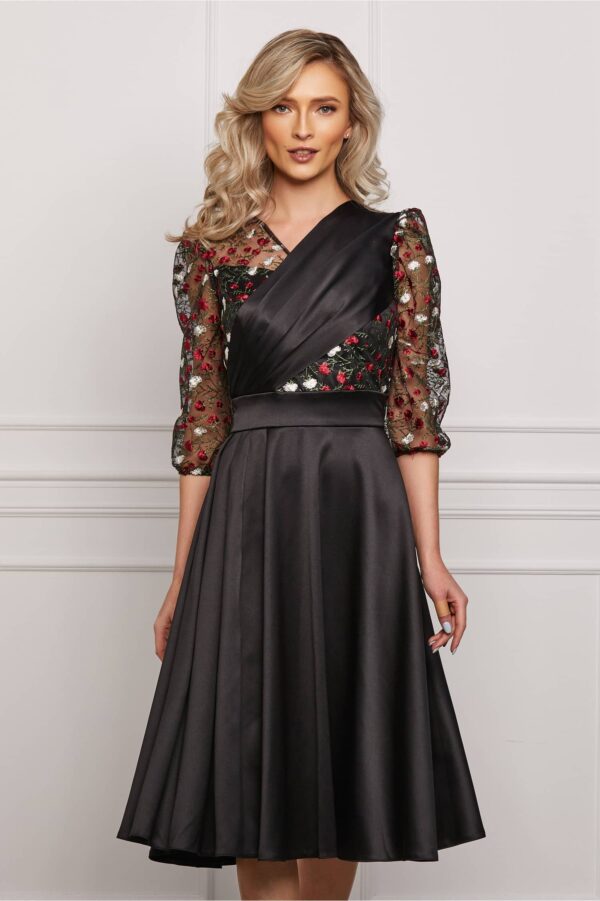 Rochie Ella Collection Maia neagra cu broderie florala