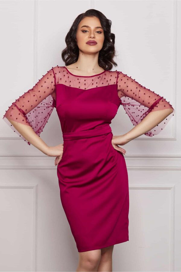 Rochie Ella Collection Verona bordo cu perlute pe maneci si bust
