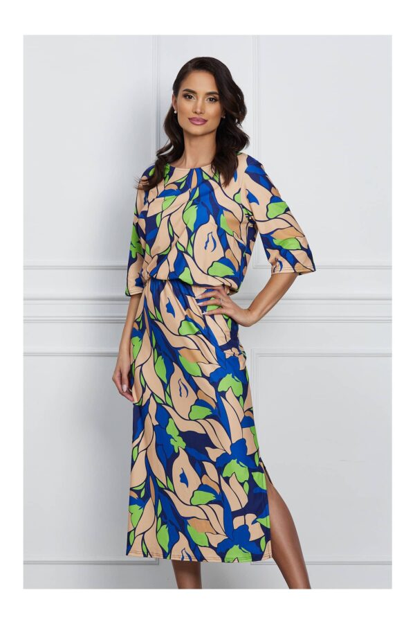 Rochie Erika albastra cu imprimeu bej