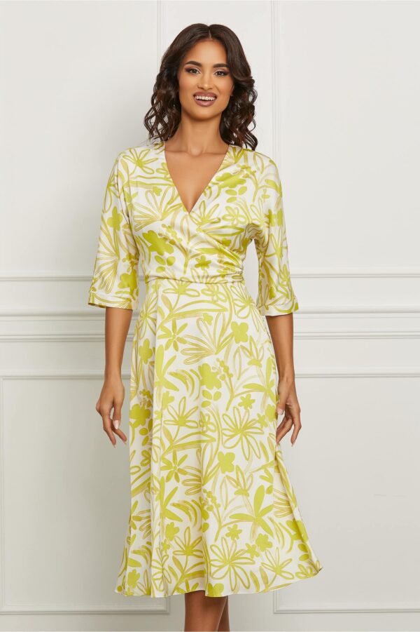 Rochie Ginette alba cu imprimeu floral galben