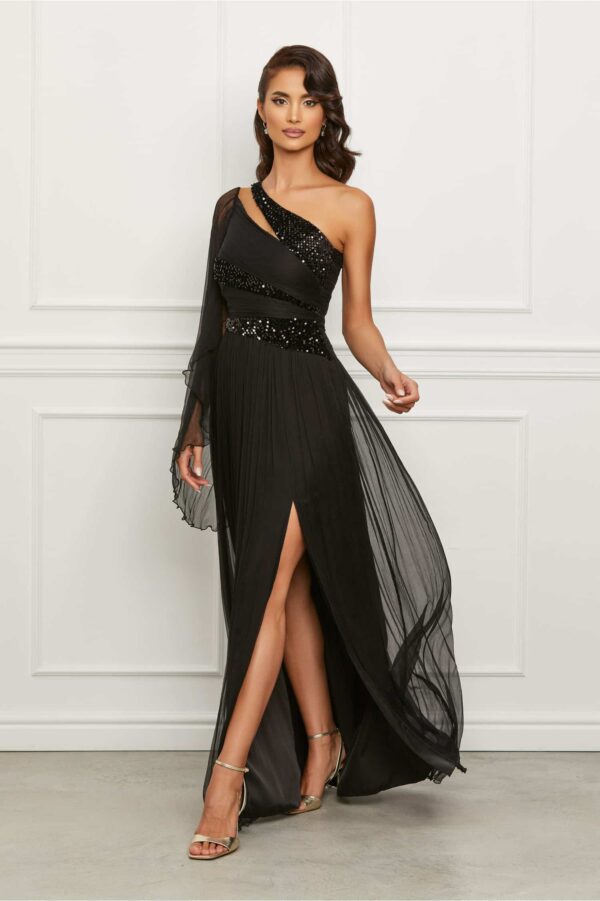 Rochie Ginette neagra din matase cu un umar gol