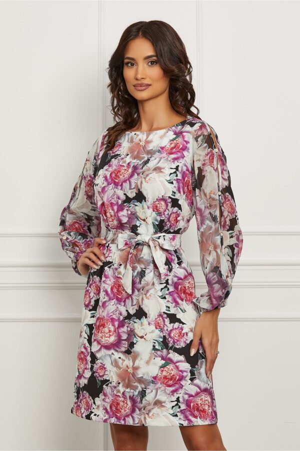 Rochie Giulia neagra cu imprimeuri florale roz