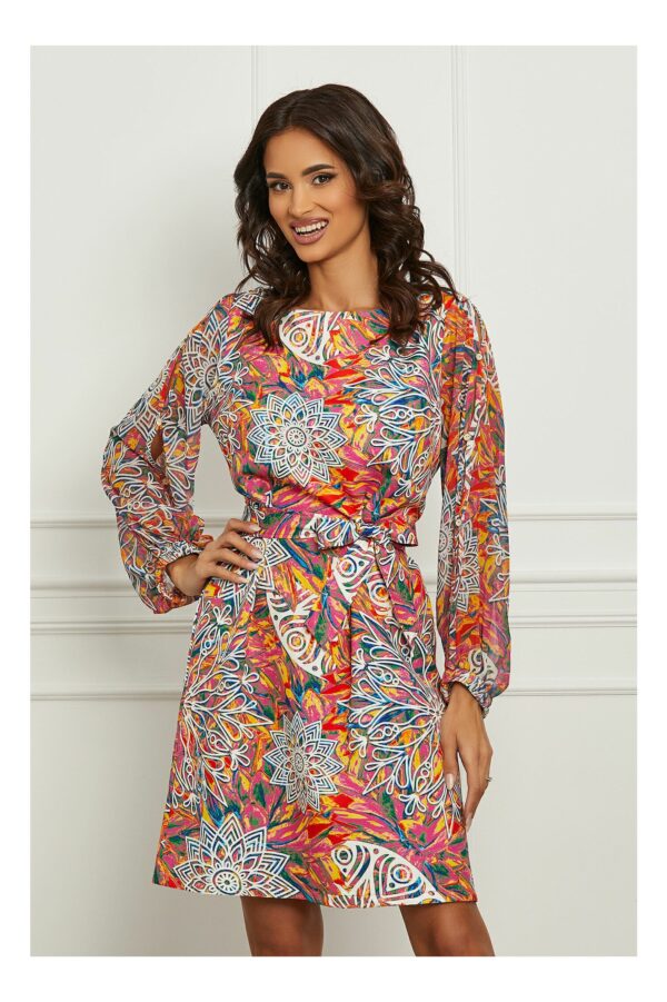 Rochie Giulia roz cu imprimeuri galbene si albe