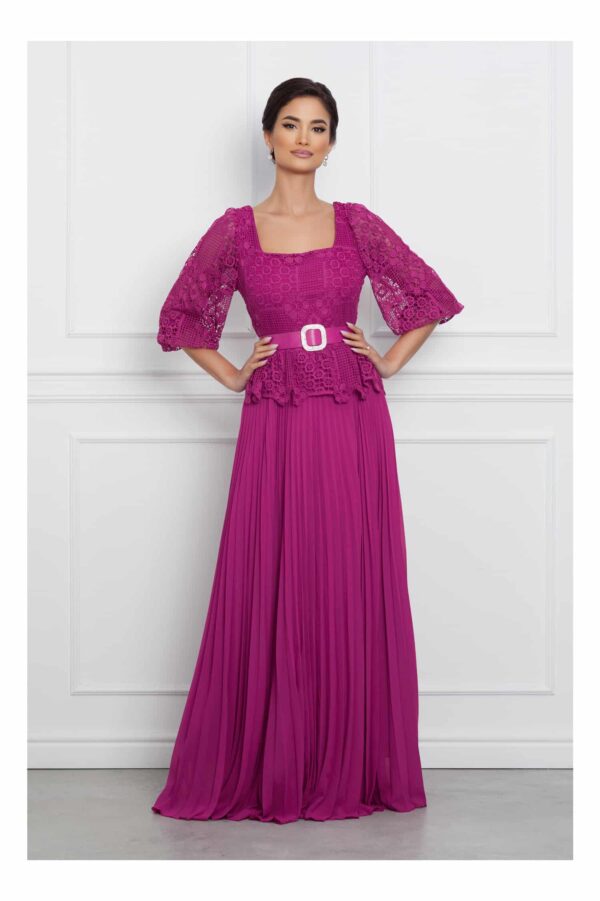 Rochie Hermina lunga magenta cu broderie la bust si curea in talie