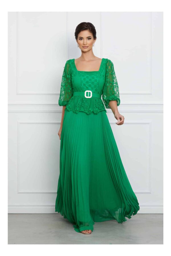 Rochie Hermina lunga verde cu broderie la bust si curea in talie