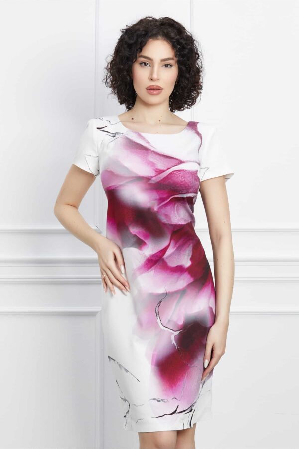 Rochie Iarina alba cu imprimeu magenta