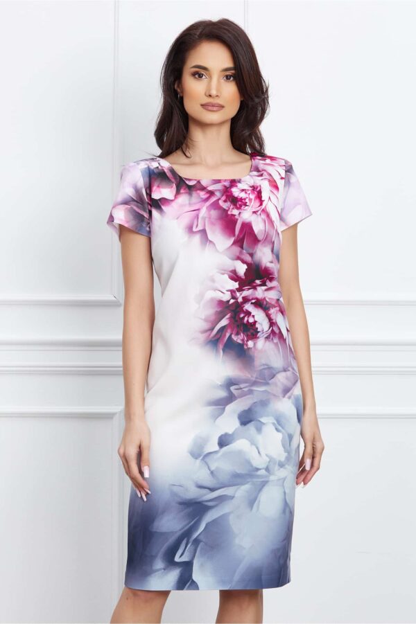 Rochie Iarina alba cu imprimeuri gri si roz